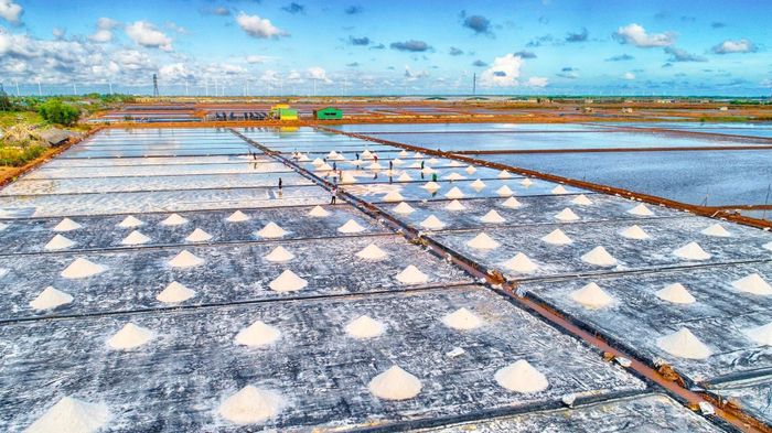 Diêm dân xã Long Điền, tỉnh Cà Mau thu hoạch muối trải bạc. Ảnh: Nguyên Du